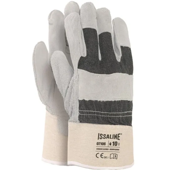 12 Paia - Guanti da lavoro in Pelle Crosta Dorso Jeans Manichetta Bianca - Issa Line 07106