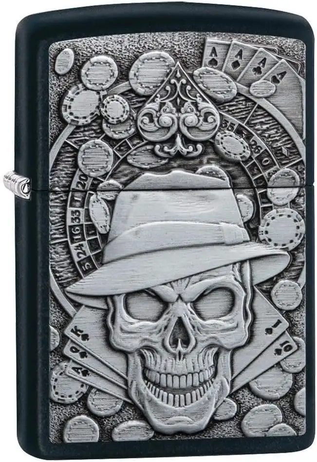 Zippo Antivento Ricaricabile Made In Usa Teschio Gioco D'azzardo Nero 49183