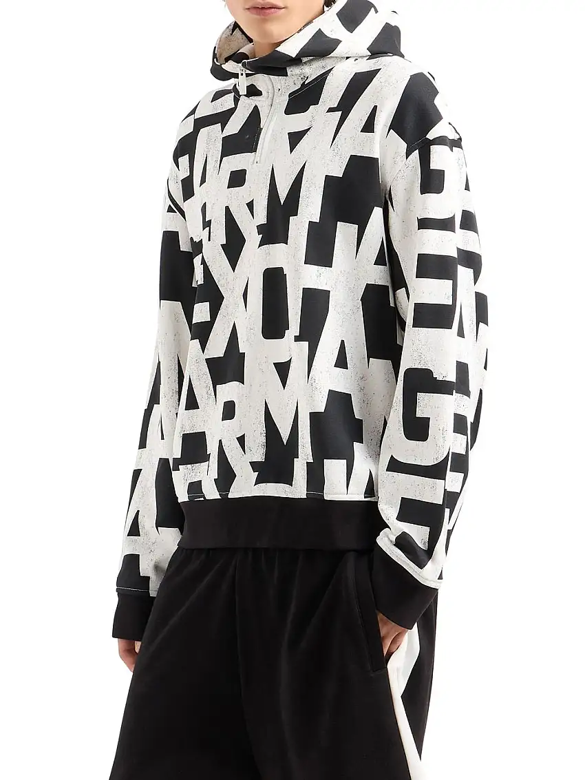 Felpa Cappuccio Armani Exchange Logo Allover da Uomo - Nero Bianco