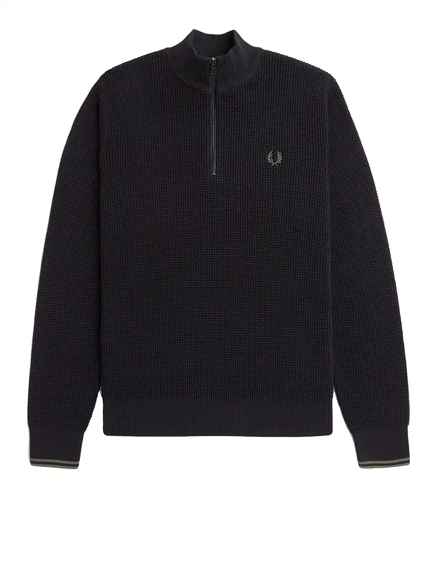 Pullover Fred Perry Waffle Stitch Half Zip da Uomo - Nero