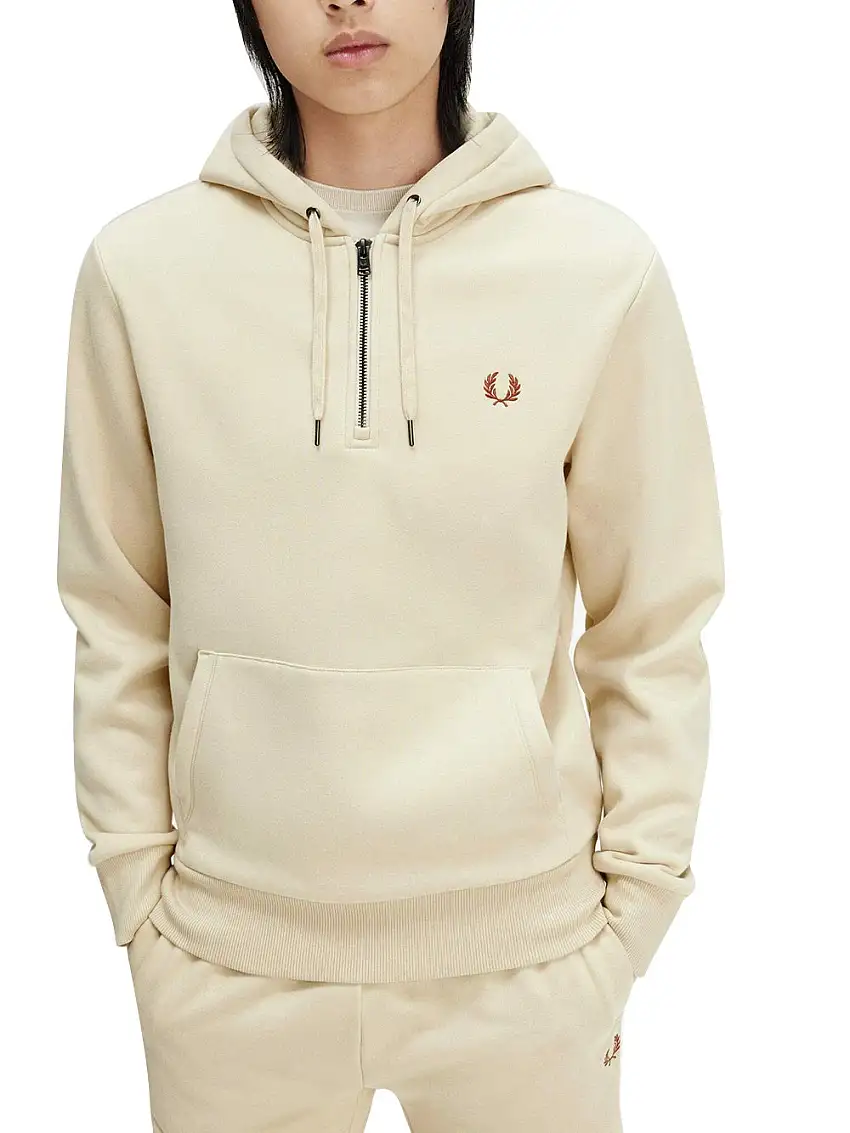 Felpa Cappuccio Fred Perry Mezza Zip da Uomo - Avorio
