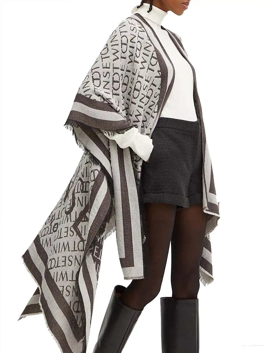 Poncho Twin Set Logo Jacquard da Donna - Beige