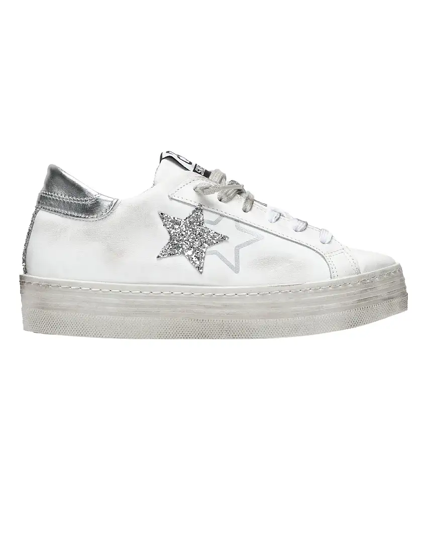 2Star Sneakers HS Pelle con Dettagli Glitter Argento Bianca