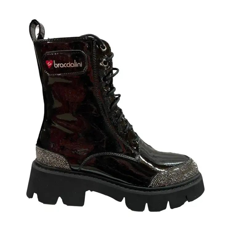 Braccialini L40P Scarpe Donna Stivaletti Anfibi In Vernice e Strass Tacco Basso Nero