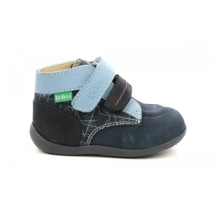 Kickers Bonkro-2 Scarpe Bambino Primi Passi in Vera Pelle Marine Bleu Graphic