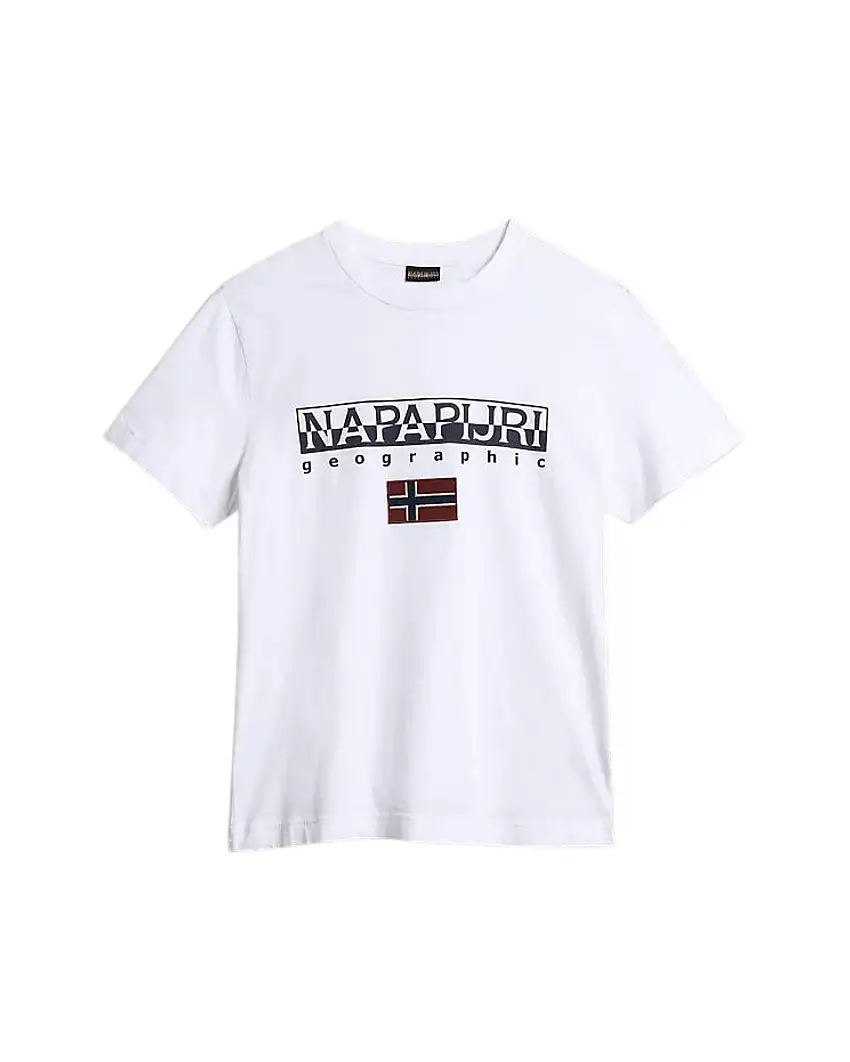 Napapijri T-shirt Manica Corta Bordi a Coste Girocollo Logo Bianco
