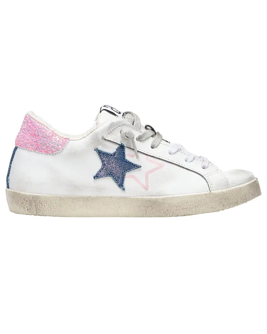 2Star Sneakers One Star Pelle Bianca Dettagli Glitter Rosa