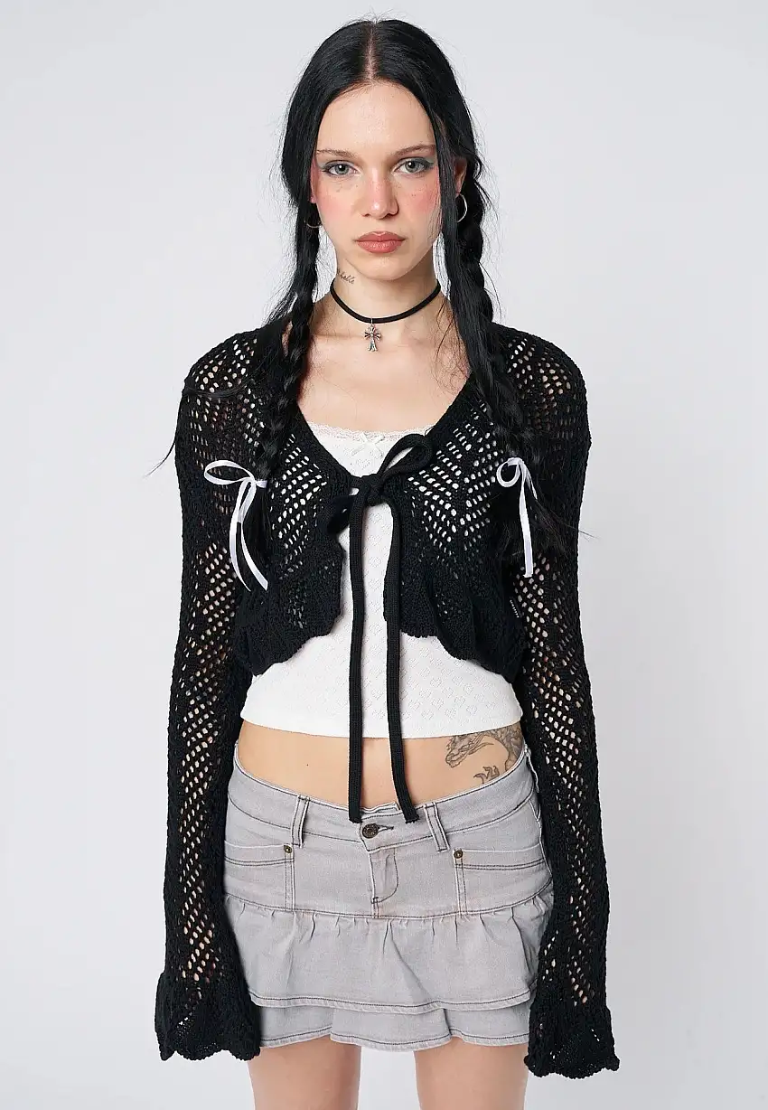 Minga London - Brenna Tie Front Frill Crochet Crop - Cardigan