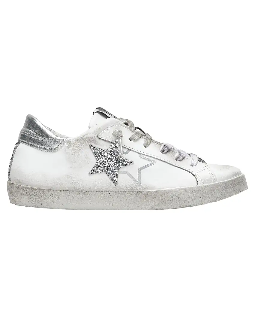 2Star Scarpe Sneakers Made in Italy artigianali One Star Pelle con Glitter Argento Bianco 4205