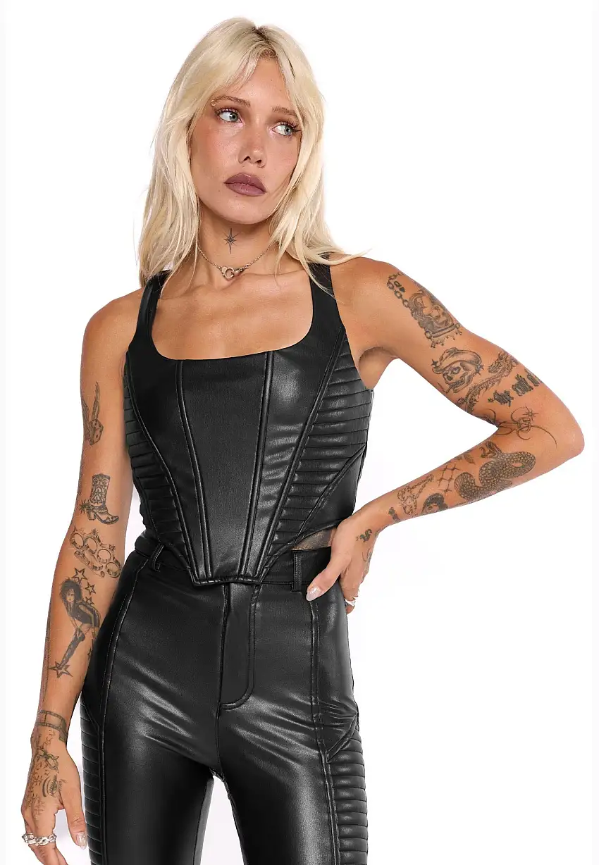 Mary Wyatt - Doro Faux Leather Moto Corset Black - Top