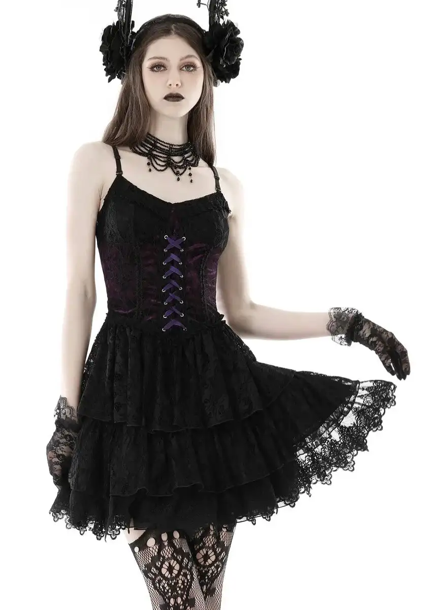 Dark In Love - Gothic Sexy Black Purple Lace Mini Black - Vestito