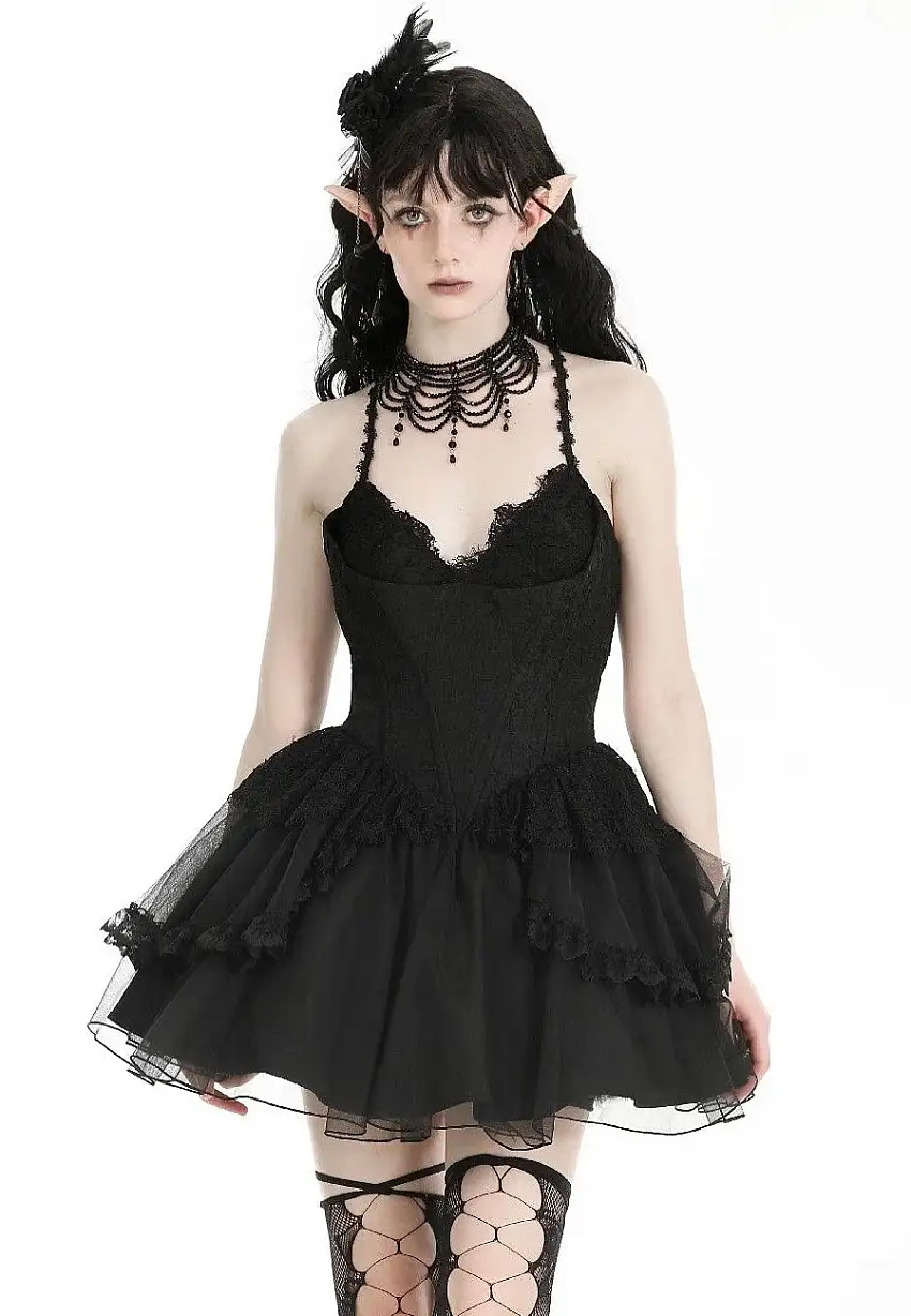 Dark In Love - Gothic Black Swan Tulle Lace Trim Black - Vestito