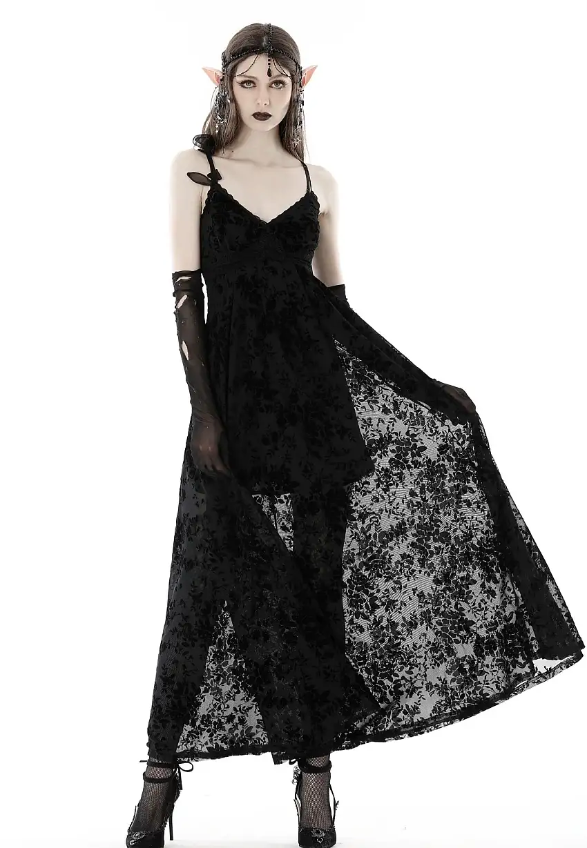 Dark In Love - Gothic Rose Flocking Maxi Strap Black - Vestito