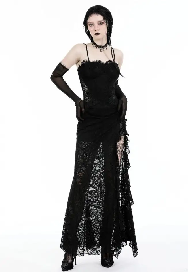 Dark In Love - Gothic Lace See-Through Sexy Waint Lace Maxi Strap - Vestito
