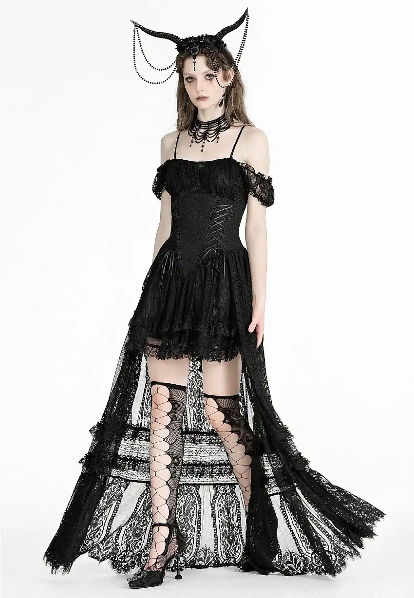 Dark In Love - Gothic Noble Romantic Lace Hi Low Black - Vestito