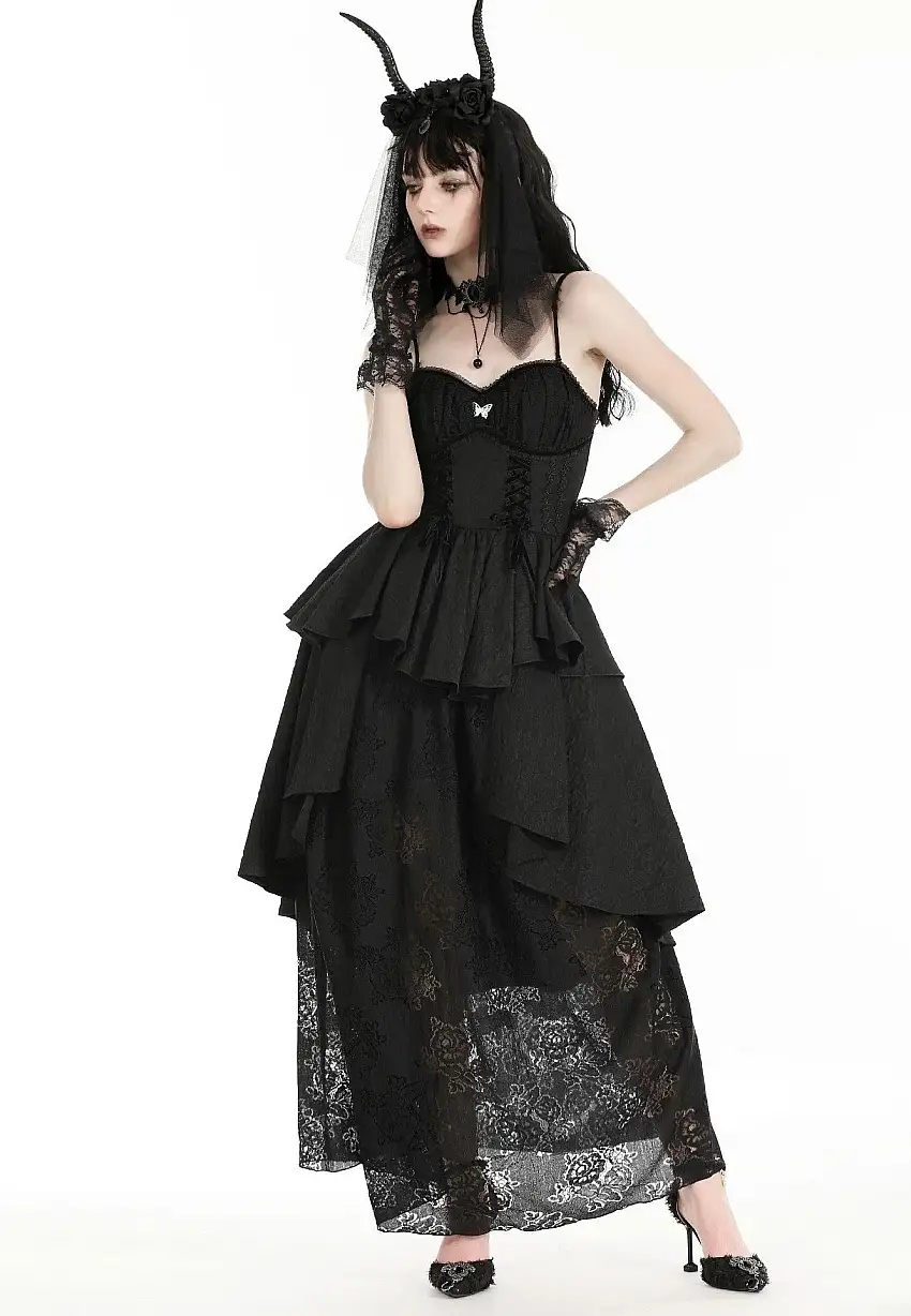 Dark In Love - Gothic Death Butterfly Layered Hi Low Black - Vestito