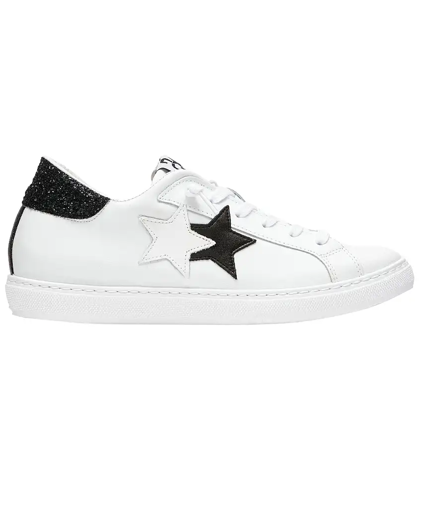 2Star scarpe Sneakers Low in Pelle con Glitter Bianco nero