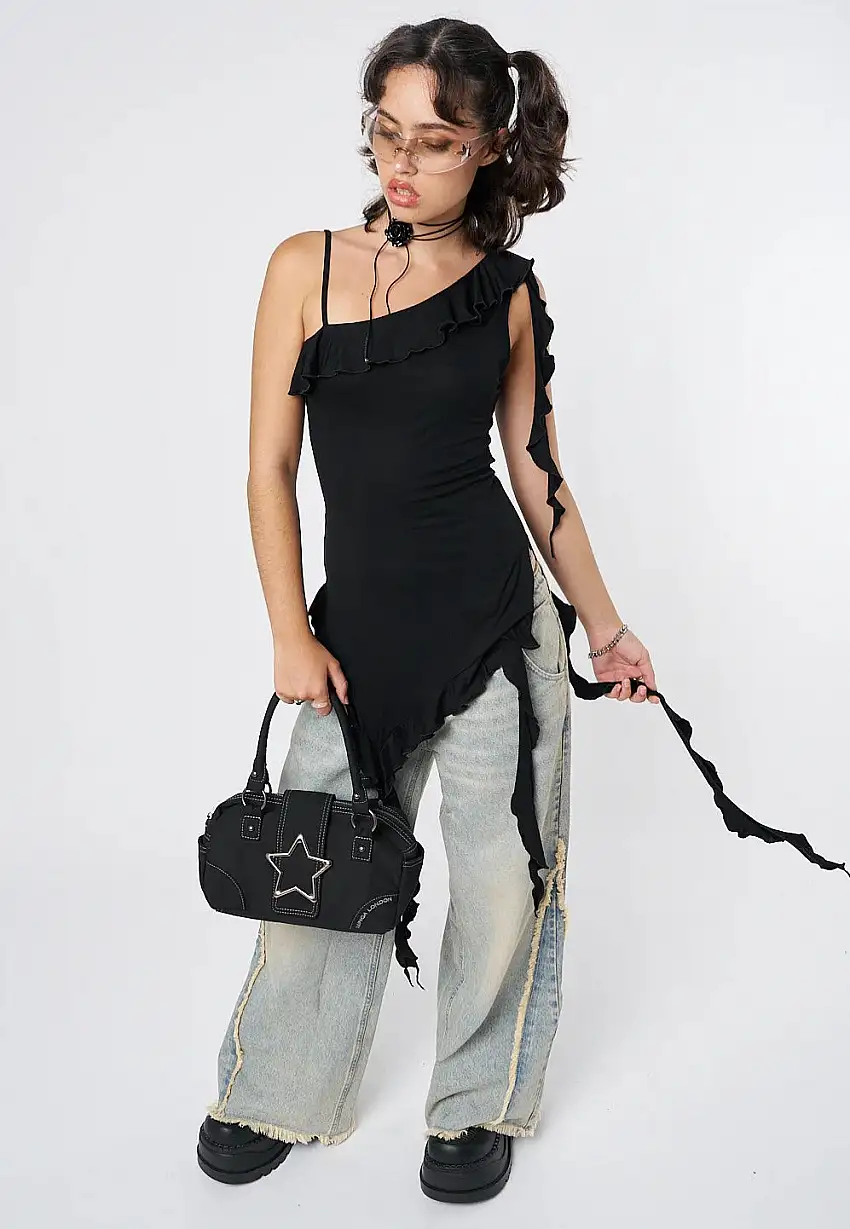 Minga London - Ebony Asymmetric Frill Black - Top