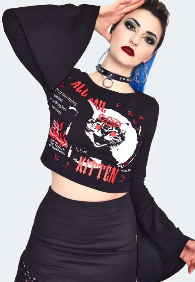 Jawbreaker - Hail Kitten Flared Sleeve Black - Crop Top