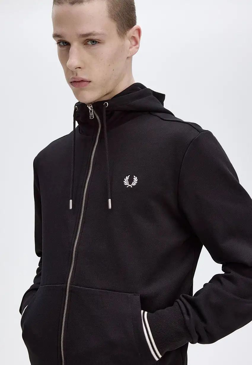 Fred Perry - Hooded Zip Through Black - Felpa con zip