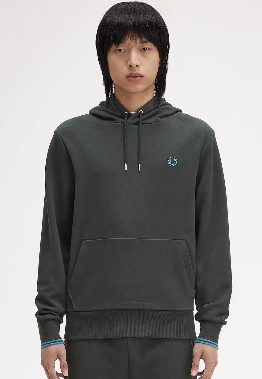 Fred Perry - Tipped Hooded Night Green/Runaway Bay Ocean - Felpa con cappuccio