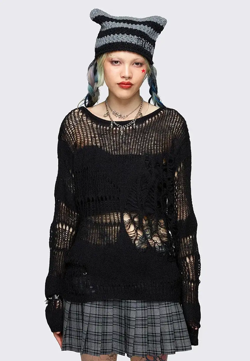 Minga London - Arachne Black Distressed Knit Jumper - Pullover