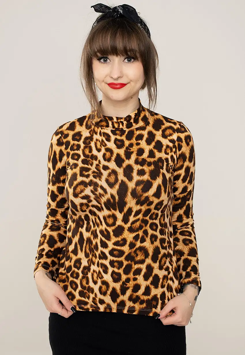 Retrolicious - Mock Neck Leopard - T-Shirt a maniche lunghe