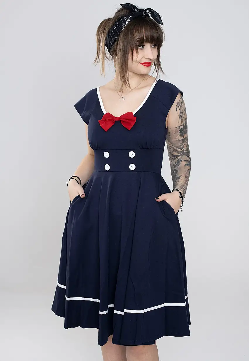Voodoo Vixen - Catalina Red Bow Seaside Flare Navy - Vestito