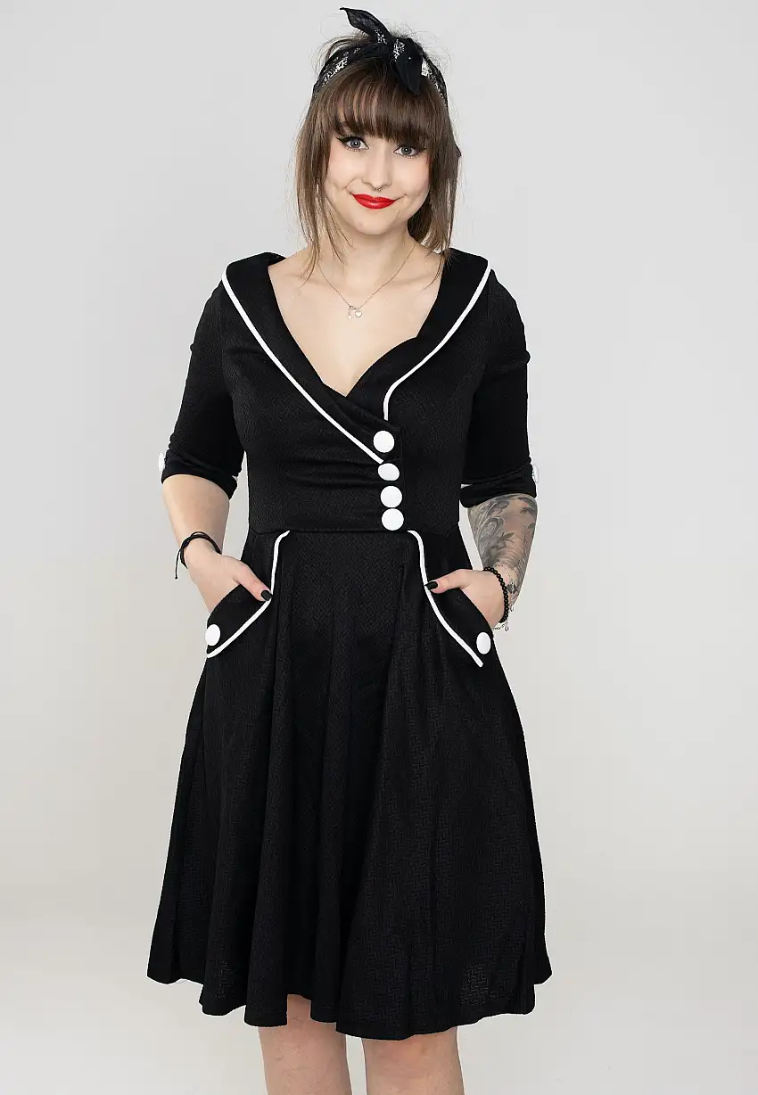 Voodoo Vixen - Marica 1950s Herringbone Wide Collar Black - Vestito